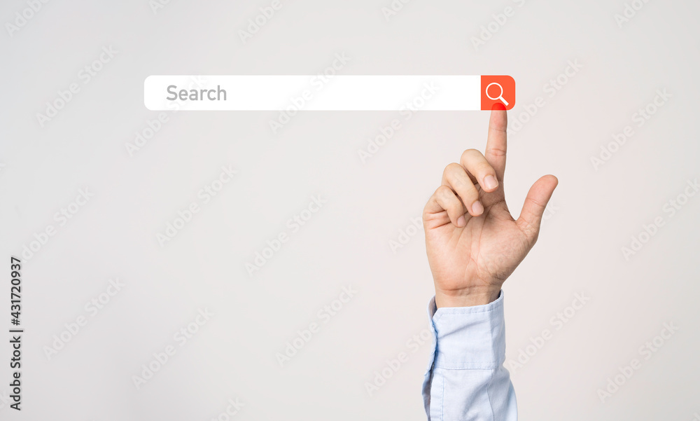 Businessman hand touching to search engine browser icon to input and finding new business trends. - obrazy, fototapety, plakaty 