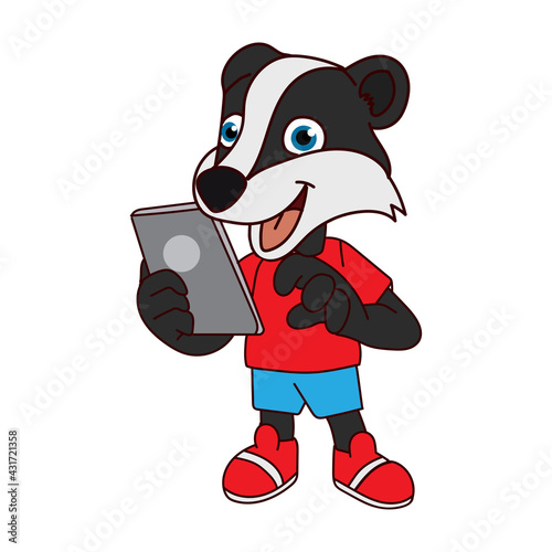 mascot cartoon character illustration of a skunk explaining using a mobile phone or tablet