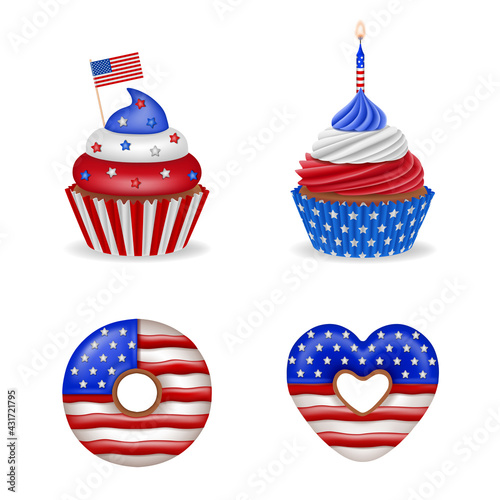 4th of july cakes. Set of american independence day sweets. isolated cupcakes and donuts with america flag colors.