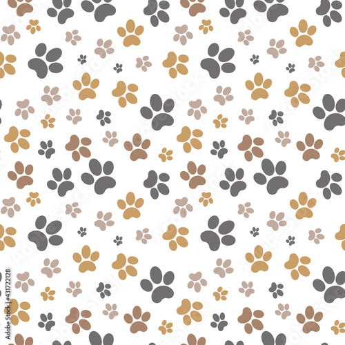 Paws brown seamless gray background, paw pattern, brown vector illustration