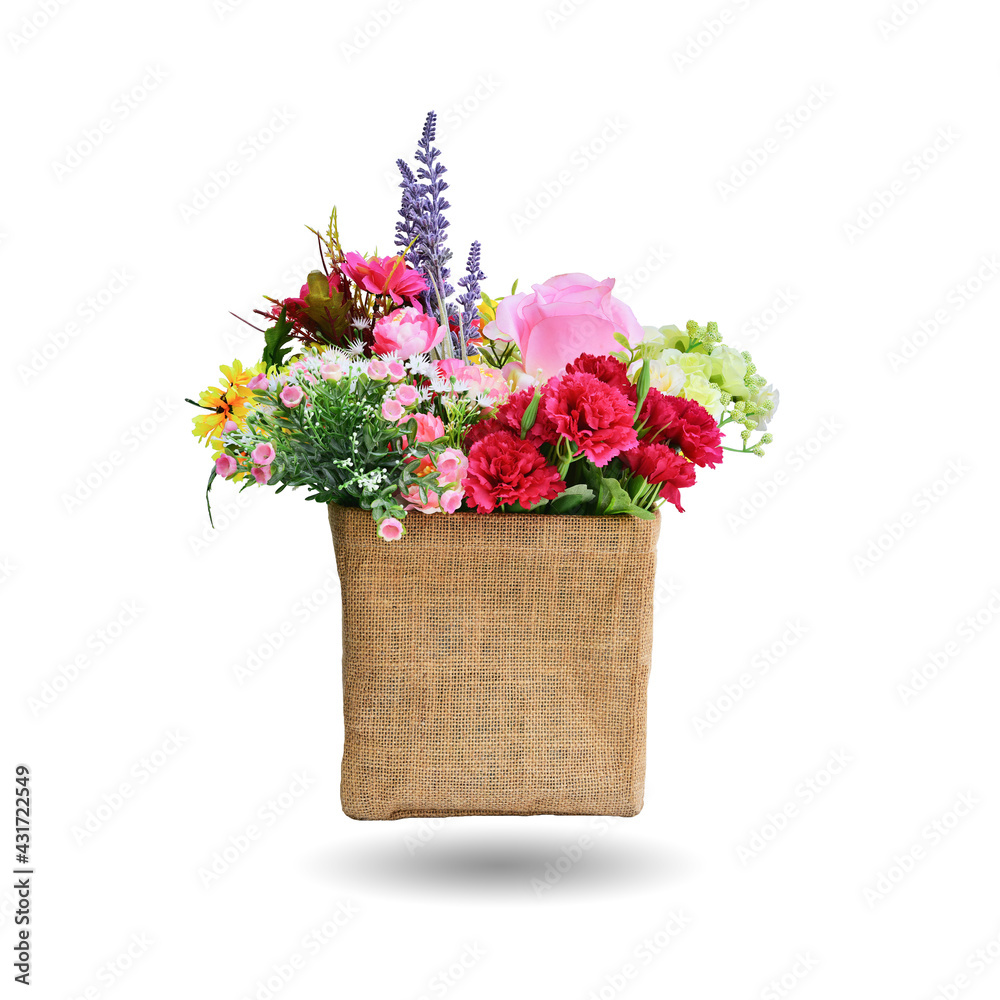 Fabric flower in sack bag isolated on white background. This has clipping path. Fabric flower in sack bag isolated on white background. This has clipping path.