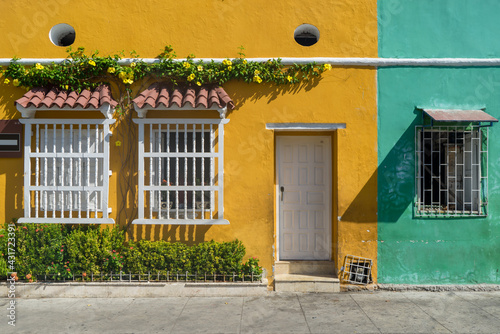 A colorful house entry in the Getsemani district Cartagena, Columbia.