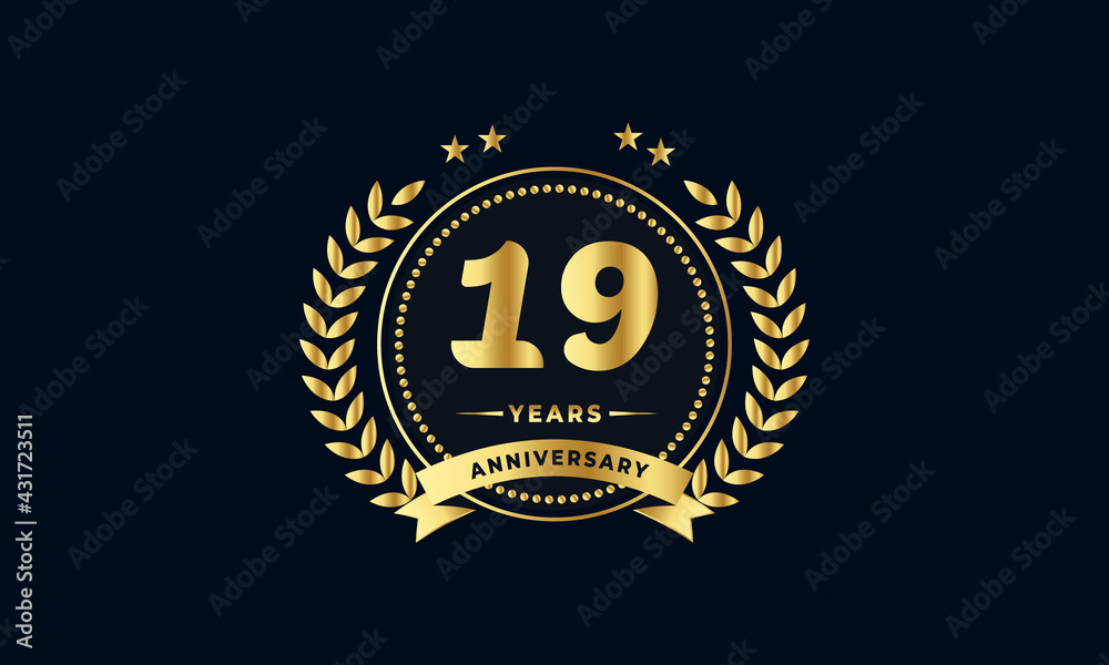 Naklejka premium 19th anniversary golden label with ribbon