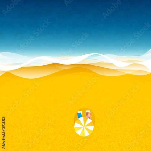 Seaside vacation, two sun loungers with towels under a beach umbrella, blue sea or ocean with waves and yellow sand, top view, vector illustration