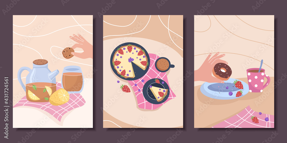 Collection of posters with still lifes and pastries. Vector illustration.