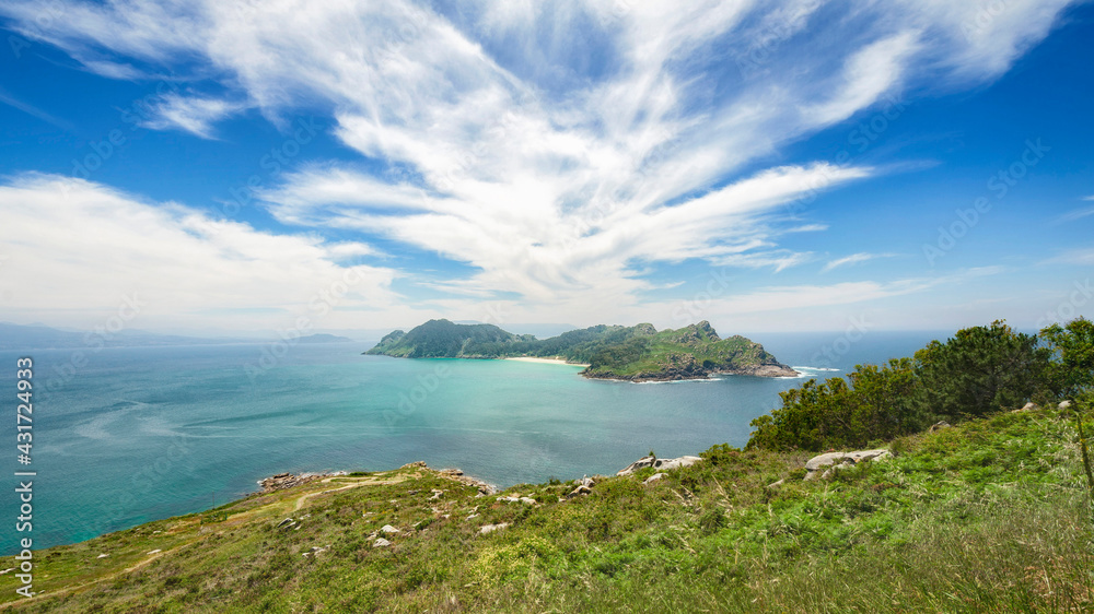 Panoramic view of San Martiño Island from Faro Island in the Cies Islands.