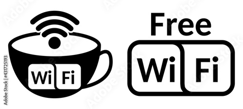 Free wi-fi zone sign with cup of coffee or tea, icon concept for restaurant and caffe. Black monochrome vector illustration.