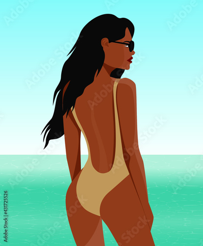 Digital illustration of tanned girl on ocean and sky background on summer vacation