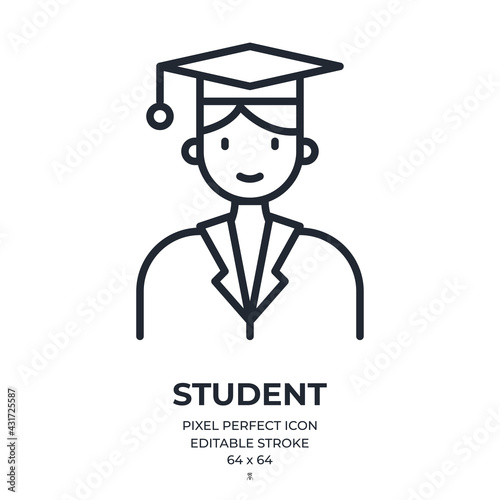 Graduated student editable stroke outline icon isolated on white background flat vector illustration. Pixel perfect. 64 x 64.