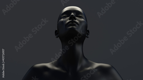 3D illustration of a female figure with her eyes closed and shedding tears, dark background