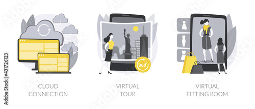 Online data transfer and virtual experience abstract concept vector illustrations.