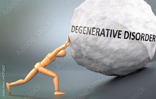 Degenerative disorder and painful human condition, pictured as a wooden human figure pushing heavy weight to show how hard it can be to deal with Degenerative disorder in human life, 3d illustration photo