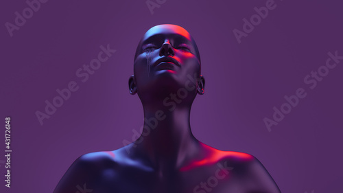 3D illustration of a female figure with her eyes closed and shedding tears, red and blue light