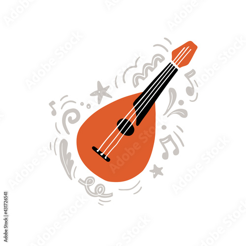 Traditional string instrument called mandolin hand drawn with minimalist flat style in orange and black colors amidst gray creative ornaments and notes as symbol of music creation