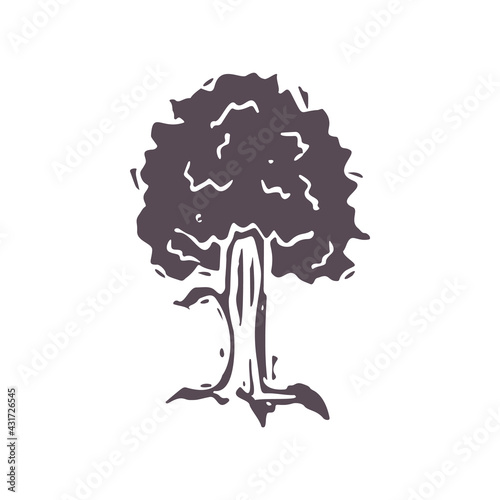 Hand carved bold block print tree icon clip art. Folk heritage illustration design element. Modern boho decorative linocut. Ethnic muted natural tones. Isolated rustic vector motif. 