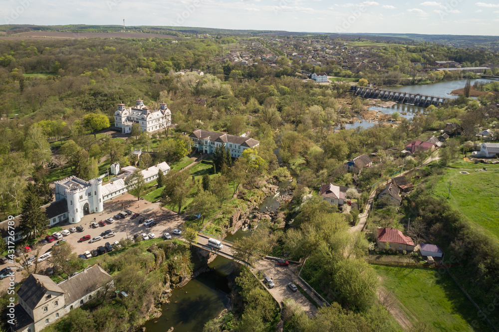 Aerial panoramic view of Korsun-Shevchenkivsky Historical and Cultural Reserve with Lopukhins-Demidovs Palace, Ukraine, Kyiv region.