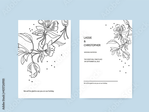 Design of wedding invitation layouts with floral elements in a minimalist style. Outline image of a flower. A variant of the layout on both sides.  EPS10.