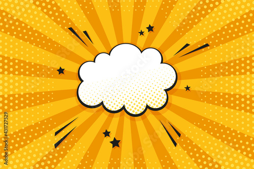 Pop art halftone pattern. Comic starburst background. Yellow duotone texture. Cartoon banner with speech bubble, dots and rays. Vintage superhero design. Wow starburst wallpaper. Vector illustration.