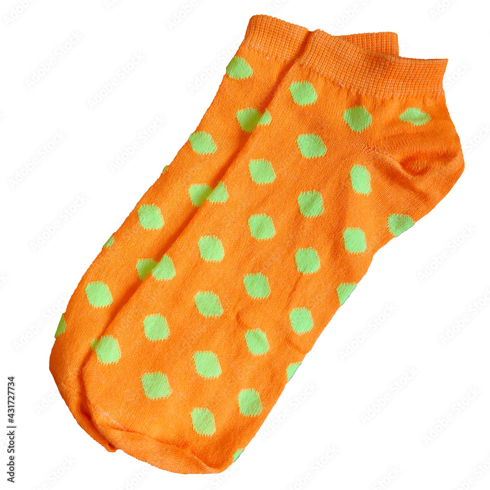 short bright orange socks with yellow polka dots on a white background top view. women's socks short bright orange socks with yellow polka dots on a white background top view. women's socks