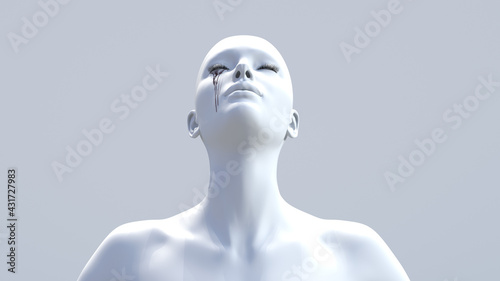 3D illustration of a female figure with her eyes closed and shedding tears, bright background