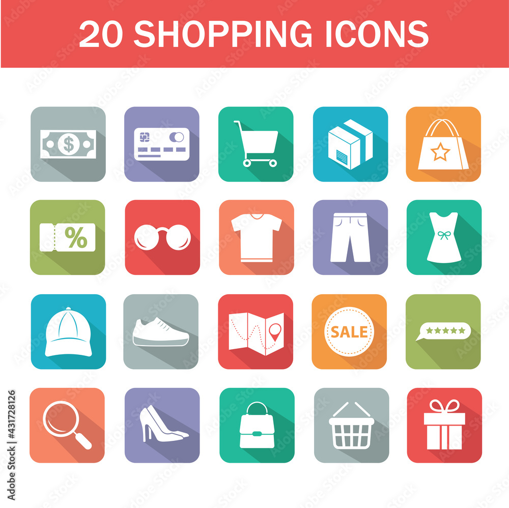 Shopping and e-commerce icons set. Icons of online shopping: card, cash, shopping cart, sale, promotion, clothing, shoes, glasses, search, accessory, delivery, rating, search, gift, coupon Shopping and e-commerce icons set. Icons of online shopping: card, cash, shopping cart, sale, promotion, clothing, shoes, glasses, search, accessory, delivery, rating, search, gift, coupon