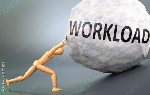 Workload and painful human condition, pictured as a wooden human figure pushing heavy weight to show how hard it can be to deal with Workload in human life, 3d illustration