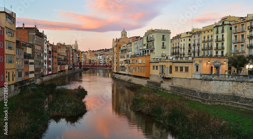 girona city and river at sunset landscape  photo