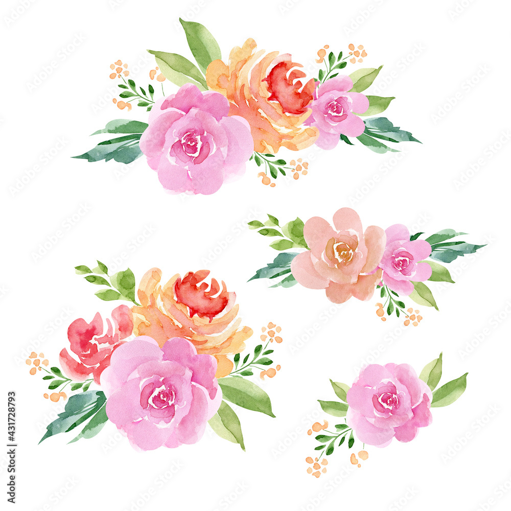 set of watercolor bouquets with roses isolated on white background hand painted for weddings and invitations.