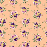  seamless floral pattern with purple flowers and bouquets on peach background, watercolor illustration hand painted