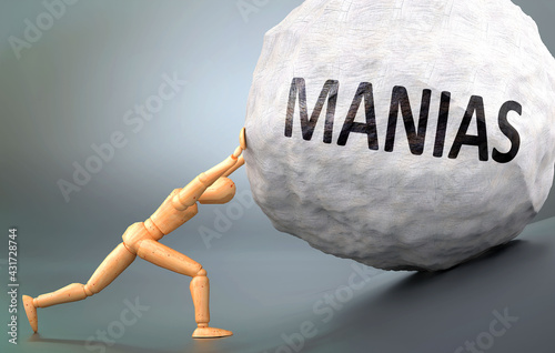 Manias and painful human condition, pictured as a wooden human figure pushing heavy weight to show how hard it can be to deal with Manias in human life, 3d illustration photo