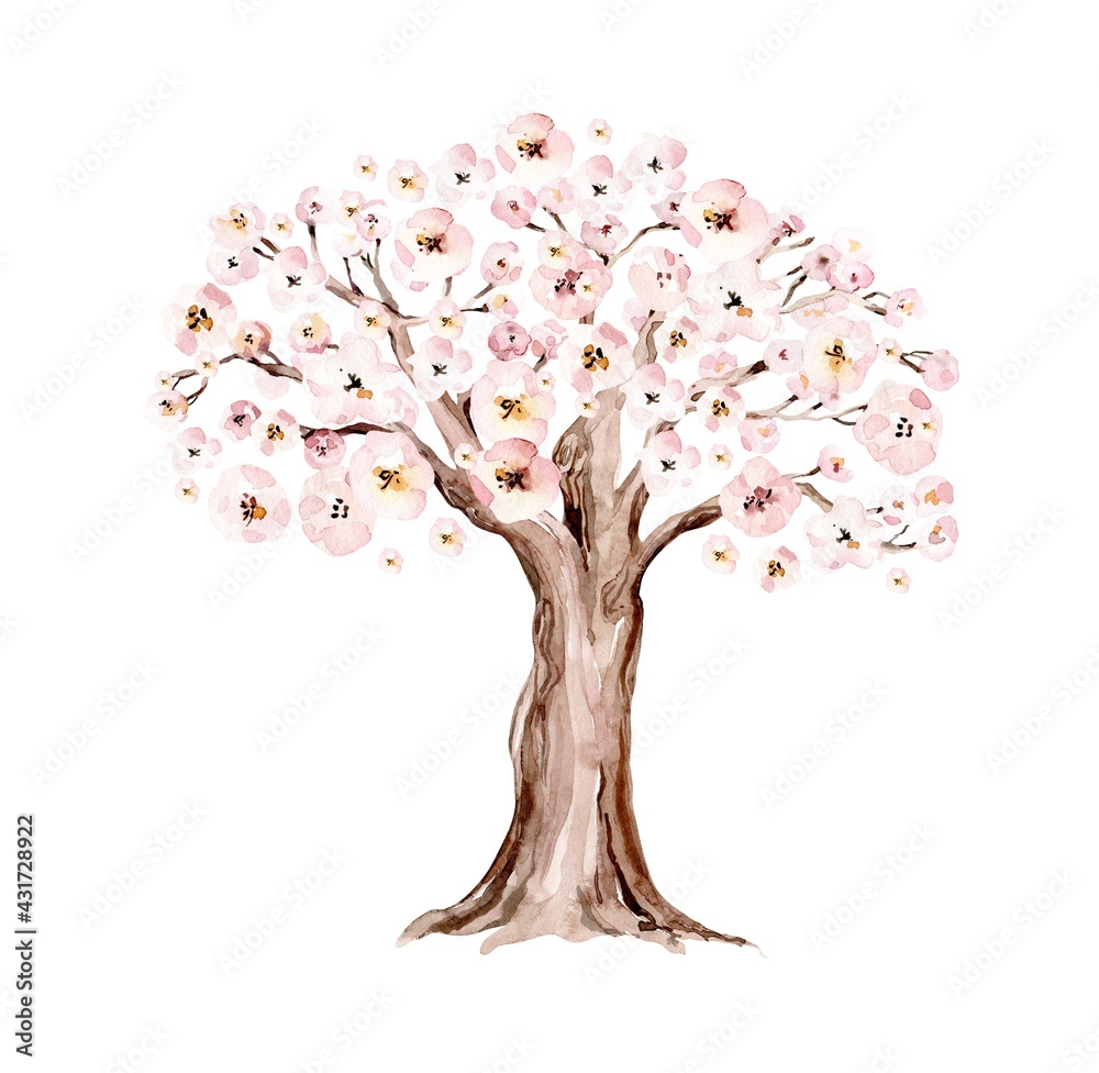 Watercolor Genealogical blossom cherry Family tree. Watercolor children's tree botanical season isolated illustration. Green forest ecology branch and leaves.
