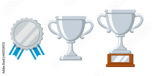 silver winner award set, medal and trophy cup vector illustration