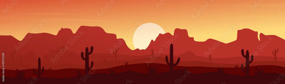 Obraz premium Mexican, Texas or Arisona desert nature at sunset night wide panorama landscape