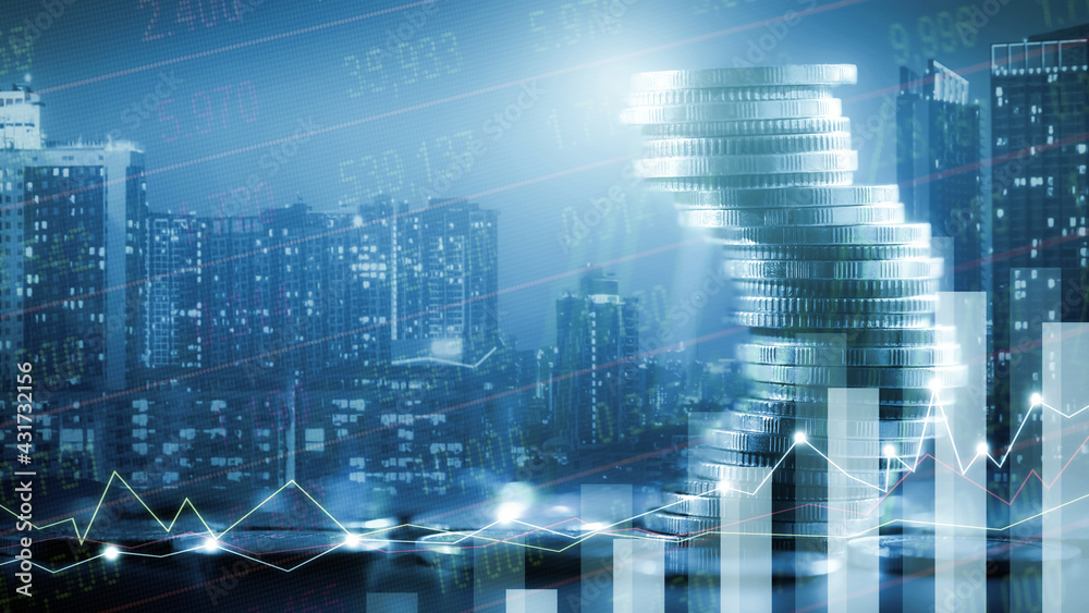 Financial investment concept, Double exposure of stack of coins and city for finance investor, Forex trading market candlestick chart, Cryptocurrency Digital economy. investing growing.economy trends