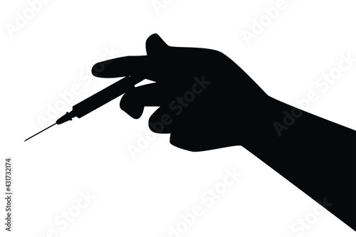 Vaccine injection needle in hand silhouette on white background, medical and healthy concept.