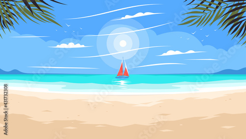Sunset on a sea or ocean beach under palm trees. Sunset on the beach under the palm trees. Summer or luxury vacation beach. Sunset under palm trees on beach. Azure Coast. Vector illustration EPS 10