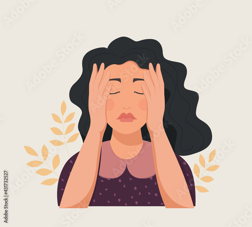 Young Depressed Woman
cover her face with hands. Female character in depression, sorrow, sadness. Vector illustration.