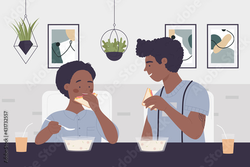 Happy family people eat dinner food in kitchen interior, talking, sitting at table