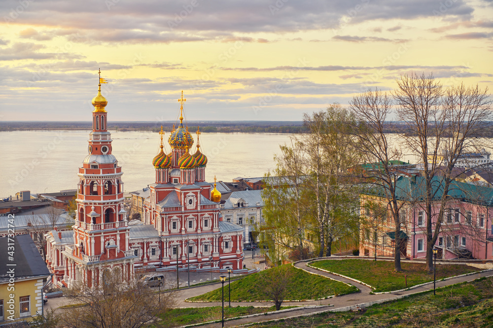 Church Of The Mother Of God Cathedral over the Volga river on sunset in spring in Nizhny Novgorod, Russia. Churches and attractions of Russia. Traveling and tourism to Russia concept.