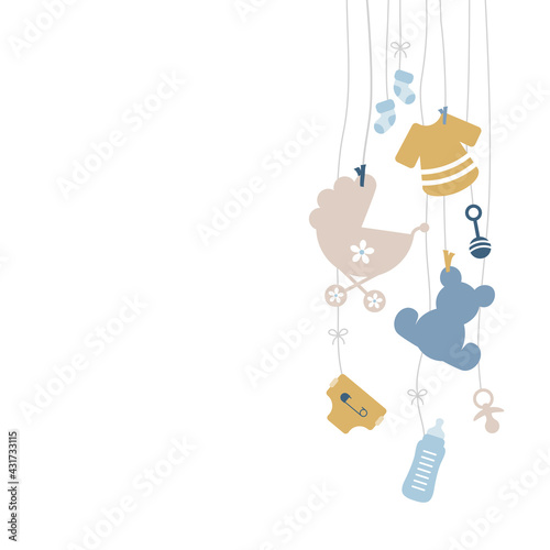 Rechts Hängende Babysymbole Junge Retroblau Senfgelb