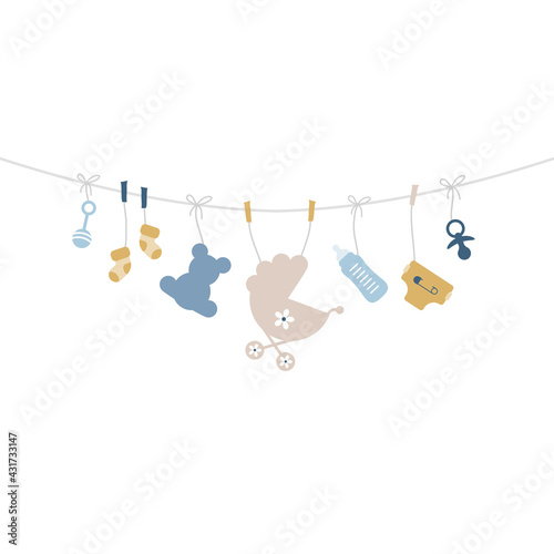 Quadrat Gebogene Leine Hängende Babysymbole Junge Retroblau Senfgelb