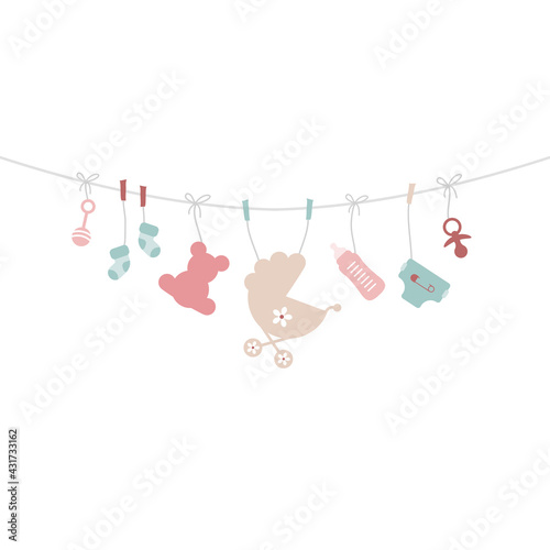 Quadrat Gebogene Leine Hängende Babysymbole Mädchen Rosa Mintgrün