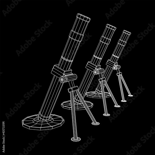 Firearm weapon army mortar and mine. Wireframe low poly mesh vector illustration