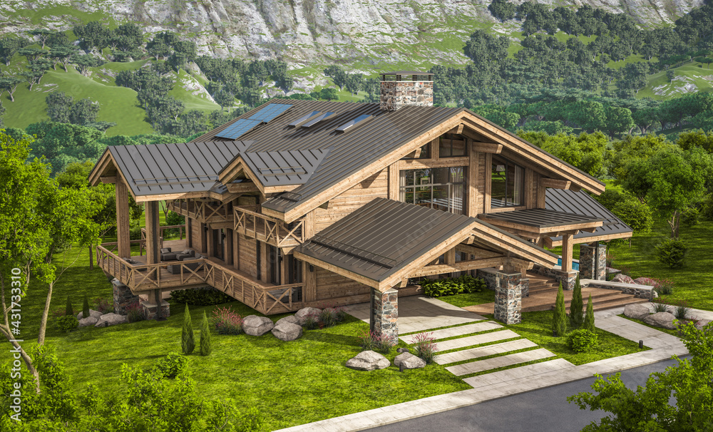3d rendering of modern cozy chalet with pool and parking for sale or rent. Beautiful forest mountains on background. Massive timber beams columns. Clear sunny summer day with cloudless sky. 3d rendering of modern cozy chalet with pool and parking for sale or rent. Beautiful forest mountains on background. Massive timber beams columns. Clear sunny summer day with cloudless sky.