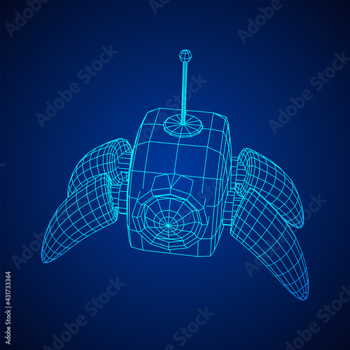Spider robot with radar antenna. Nanobot, nanotechnology medical concept. Wireframe low poly mesh vector illustration