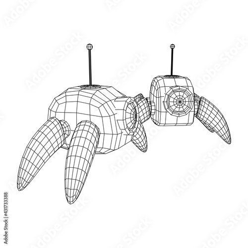 Spider robot with radar antenna. Nanobot, nanotechnology medical concept. Wireframe low poly mesh vector illustration