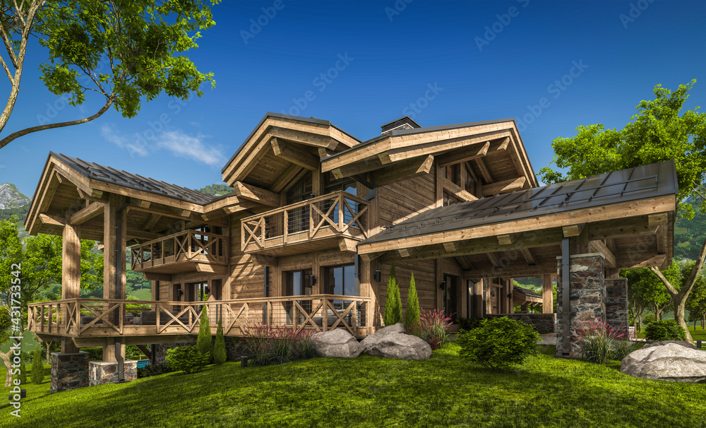 3d rendering of modern cozy chalet with pool and parking for sale or rent. Beautiful forest mountains on background. Massive timber beams columns. Clear sunny summer day with cloudless sky. 3d rendering of modern cozy chalet with pool and parking for sale or rent. Beautiful forest mountains on background. Massive timber beams columns. Clear sunny summer day with cloudless sky.