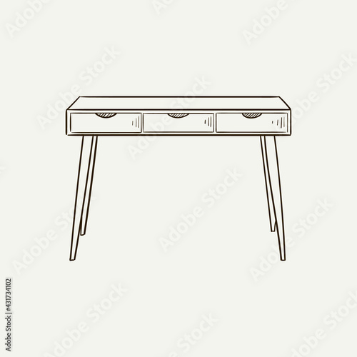 Desk. Table. Chest of drawers. Home decor line art drawing. Doodle illustration. Stay home. Minimal vintage style. Doodle plant vector illustration. Pure nature organic brush. Line drawing.