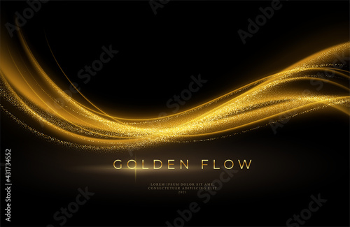 Gold wave flow and golden glitter on black background. Abstract shiny color gold wave luxury background. Luxury gold flow wallpaper. Vector illustration