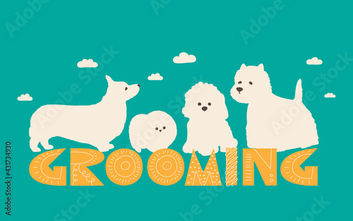 Dog grooming services. Illustration for a haircut and grooming salon. Flat color vector for pet shop.
